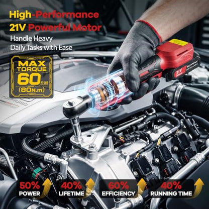 SOARFLY 3/8" Cordless Ratchet Wrench, 60 Ft-Lbs(80N.m) Electric Ratchet - color: Deep Red
