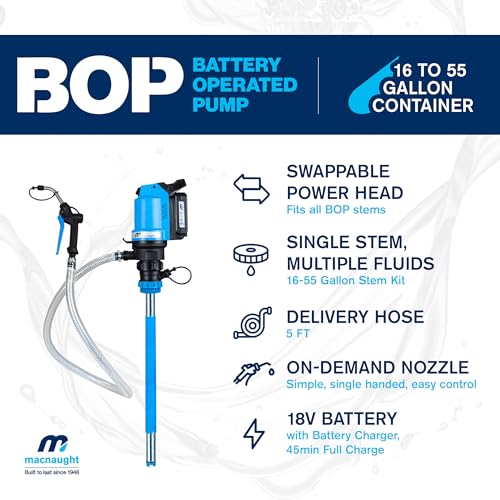 Macnaught BOP Battery Operated Oil Pumps - 16 to 55 Gallon, 5FT Hose, On-Demand Nozzle – for Oil, ATF, Coolant, Hydraulic Fluids – 2 Years Warranty (16-55 Gal Complete Starter Kit) - style: 16-55 Gal Complete Starter Kit