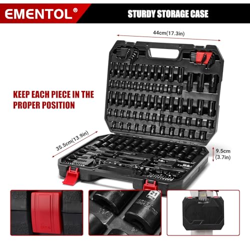 EMENTOL 189-Piece Impact Socket Set, 1/4" & 3/8" Drive Metric and SAE Sizes, CR-V Steel, Includes Deep & Shallow Sockets, Ratchets, Bits, Extensions, Spark Plug Socket & More, with Plastic Tool Case - size: 1/4" & 3/8" 189pcs