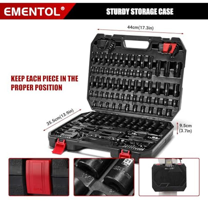 EMENTOL 189-Piece Impact Socket Set, 1/4" & 3/8" Drive Metric and SAE Sizes, CR-V Steel, Includes Deep & Shallow Sockets, Ratchets, Bits, Extensions, Spark Plug Socket & More, with Plastic Tool Case - size: 1/4" & 3/8" 189pcs