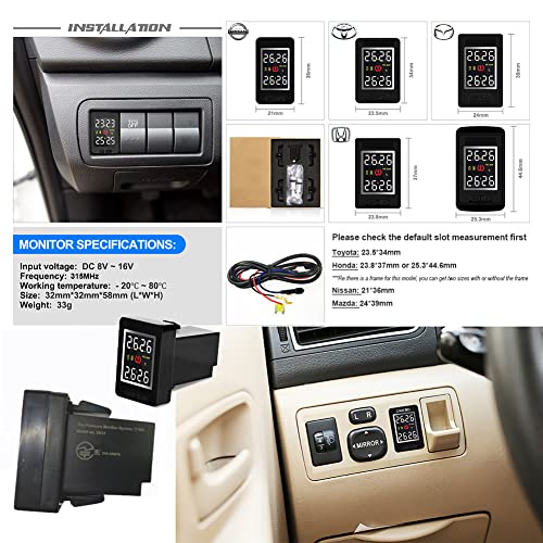U912 Tire Pressure Monitoring System Customized for Toyota Honda Mazda Nissan Real Time Monitoring Pressure Temperature (W/4pcs Internal Sensor/Battery Replaceable, for Honda) - color: W/4pcs Internal Sensor/Battery Replaceable, size: For Honda