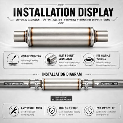 2.5" In/Outl stainless steel straight-Through Perforated Core Universal Performance Muffler,Fit for All Cars and Trucks - size: 2.5in