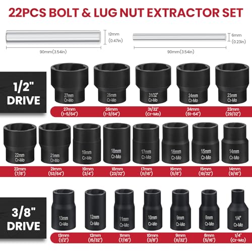 22PCS Bolt Extractor Set, 1/2" and 3/8" Drive Easy Out Stripped Locking Lug Nut Removal Tool, Ez Out Wheel Lock Remover Kit for Extracting Damaged, Broken, Rusted Nuts & Screws(Red)