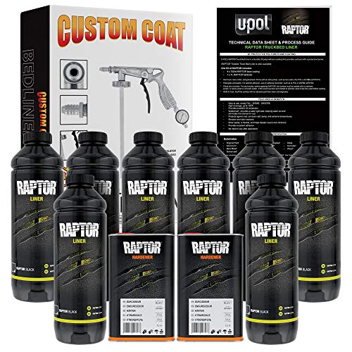 CUSTOM SHOP U-Pol Raptor Black Urethane Spray-On Truck Bed Liner 8 Quart Kit and Custom Coat Spray Gun with Regulator - color: Black, size: 8 Quart Kit