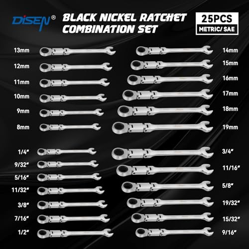 DISEN Ratcheting Wrench Set 25pcs, Flex Head Ratchet Wrenches Double Foldable, Metric 8-19mm and SAE 1/4'' -3/4'', 72-Teeth, Cr-V Steel,12 Point Combination Wrench set with Heavy Duty Case - size: 25pc Metric & SAE Set