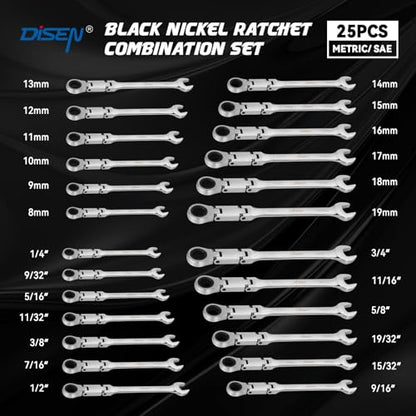 DISEN Ratcheting Wrench Set 25pcs, Flex Head Ratchet Wrenches Double Foldable, Metric 8-19mm and SAE 1/4'' -3/4'', 72-Teeth, Cr-V Steel,12 Point Combination Wrench set with Heavy Duty Case - size: 25pc Metric & SAE Set