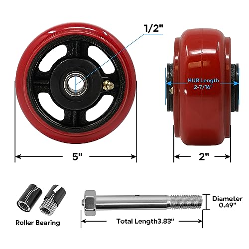 5 inch Heavy Duty Caster Wheel- Polyurethane Tread(Crowned) on cast lron Wheels -1/2" Bore -Roller Bearing, Set of 4 Heavy Duty Caster Wheel- 4000 lbs Capacity (4 Pack) - color: Crowned Poly on Cast Iron, size: 5"×2"
