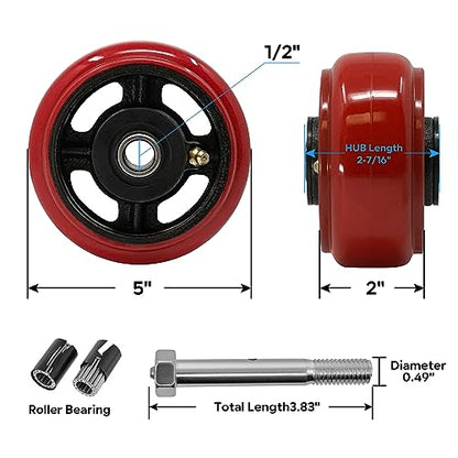 5 inch Heavy Duty Caster Wheel- Polyurethane Tread(Crowned) on cast lron Wheels -1/2" Bore -Roller Bearing, Set of 4 Heavy Duty Caster Wheel- 4000 lbs Capacity (4 Pack) - color: Crowned Poly on Cast Iron, size: 5"×2"