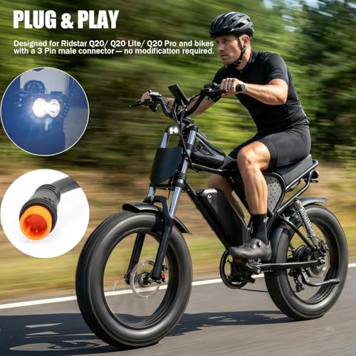 LED Headlight Upgrade Kit Applicable to Ridstar Q20 Q20 Lite Q20 Pro & Electric Bicycle, 20W 6000-6500K High Low Beam with Mount Bracket, 3 Pin Plug and Play
