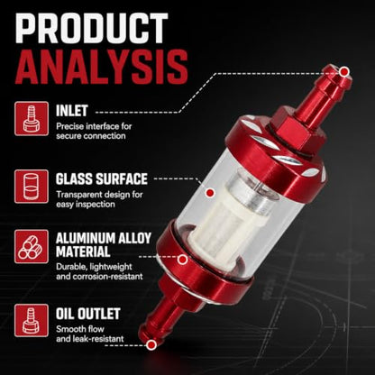 Car Fuel Filters, Tempered Glass Waterproof Fuel Filter Cup, Inline Alloy Rust-Proof and Durable Efficient Filter Oil Cup, Universal for Truck Motorcycle SUV Car (Red)