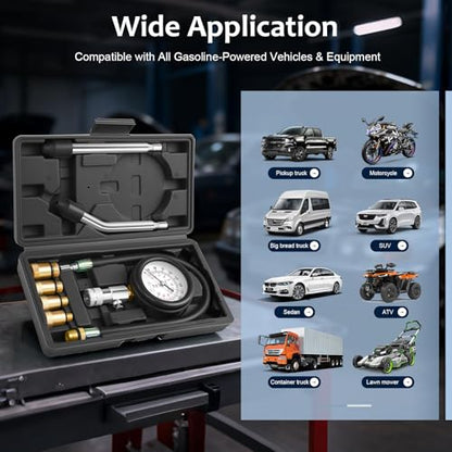 Engine Compression Tester Kit 8PCS, 0-300 PSI Cylinder Pressure Test Tool for Gasoline Engines on Cars, Motorcycles, ATVs & Small Engines with Dual Scale Gauge and Adapters (Black-8PC)
