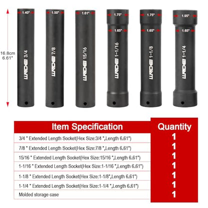 LLNDEI 1/2" Drive Extended Length Impact Socket Set 6Pcs CR-V BLACK