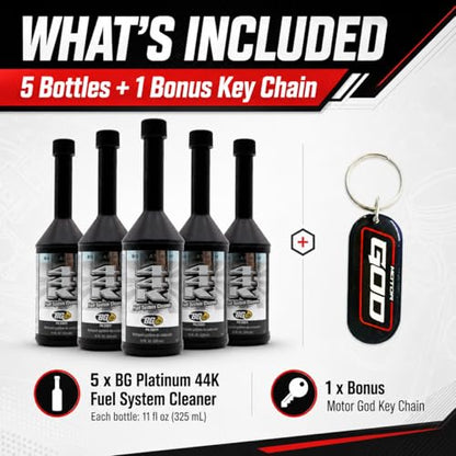 Bundle BG Platinum 44K Fuel System Cleaner, 5 Pack, PN 20811, Five 11 fl oz Bottles, Gasoline Fuel Injector and Fuel System Cleaner, Bonus Key Chain