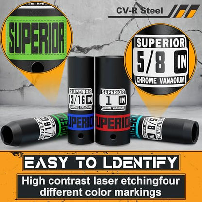 12 Piece 1/2" Drive Impact Socket Set, 3/8" - 1" Deep Socket, SAE, 6 points, CR-V Material, Cars, Motorcycles, Tire Changes - size: 1/2" Deep SAE
