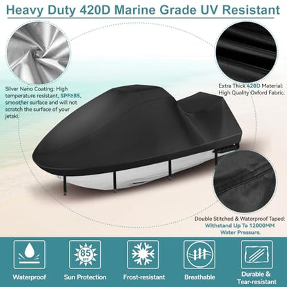 Jet Ski Cover 420D Waterproof for Yamaha Sea-Doo, 136"-145" 3 Seater PWC - color: Black-420-D, size: 3XL-136"-145"