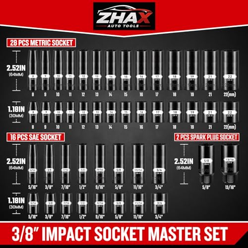 ZHAX 3/8 Inch Drive 6 Point Impact Socket Set, 72 PCS Standard SAE(5/16"- 3/4") & Metric(8-22mm) With Spark Plug, Deep & Shallow, 72T Wrench Ratchet Tool Kit,Cr-V With Heavy Duty Storage Case - size: 3/8" drive hex point