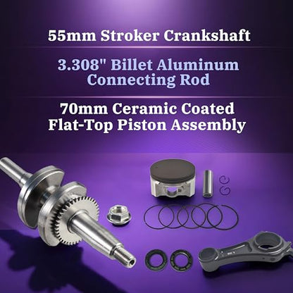 55mm Stroker Crankshaft 3.308" Billet Aluminum Connecting Rod 70mm Ceramic Coated Flat-Top Piston Stroker Rotating Assembly For Predator 212cc Hemi Engine Go Kart Mini Bike Black - color: Black