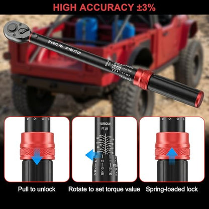 1/2" Drive Click Torque Wrench,10-160 FT.lb,±3% Precision 72-Tooth Dual Direction Dual Range Scale, for Car Bike Moto Repair