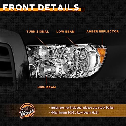 WEELMOTO Headlights for 07-13 Toyota Tundra, Fits Models W/O Level Adjuster - color: Clear Lens I Chrome Housing I Amber Reflector