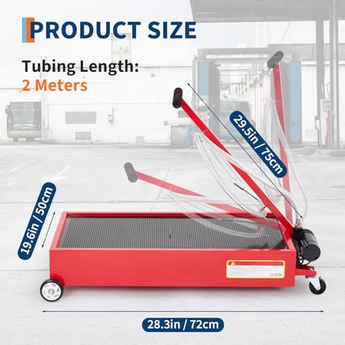 20 Gallon Low Profile Oil Drain Pan with 110V Electric Pump, Large Capacity Rolling Oil Change Tank, 8.2ft Discharge Hose & Folding Handle for Trucks, Buses, RVs and Cars - color: Red, size: 20 Gallon with 110V Electric Pump & Gloves