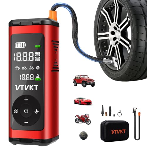 VTVKT Tire Inflator Portable Air Compressor, Powerful 12000mAh Aluminium Alloy Cordless Air Pump with LED Light and Power Bank, 150PSI Tire Inflator for SUV, Sedan, Motorcycle, Bike, Ball, Red - color: Red