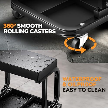 Auto Dynasty Rolling Mechanic Stool, Padded Shop Seat, w/Tool Tray, Black