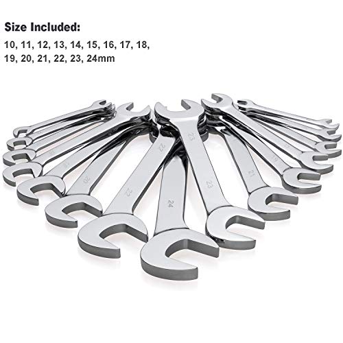 15-Piece Premium Angle Head Open End Wrench Set, Chrome Vanadium Steel, Mirror Chrome Finish | Include Metric Sizes 10, 11, 12, 13, 14, 15, 16, 17, 18, 19, 20, 21, 22, 23, 24mm with Storage Rack - style: Metric 15-Piece Set