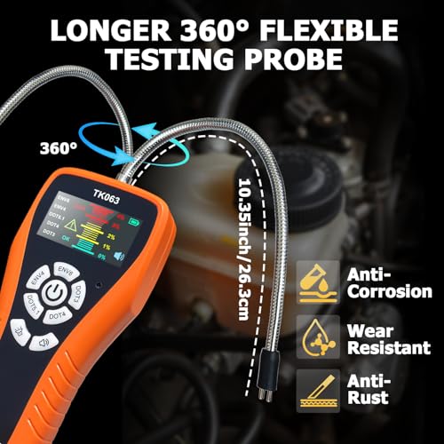 Brake Fluid Tester for DOT3 DOT4 DOT5.1 EVN4 EVN6, High-Sensitivity Digital Brake Oil Moisture Tester with LCD Display, Built-in Calibration, Corrosion Resistance Probe, Buzzer Alarm