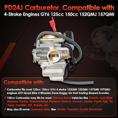 PD24J Carburetor 24mm, Fit for GY6 125cc 150cc 4 Stroke Scooter Engines - size: Carburetor with Intake Manifold