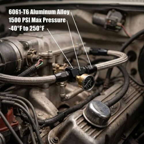 6AN Male Flare to -6 Female Swivel Fuel Pressure Take Off Fitting with 1/8" NPT Gauge Port, CNC Machined Anodized Black, for E85 Gasoline Methanol Racing Fuel Systems - size: AN6 with 1/8 NPT Port