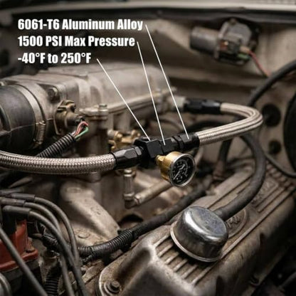 6AN Male Flare to -6 Female Swivel Fuel Pressure Take Off Fitting with 1/8" NPT Gauge Port, CNC Machined Anodized Black, for E85 Gasoline Methanol Racing Fuel Systems - size: AN6 with 1/8 NPT Port