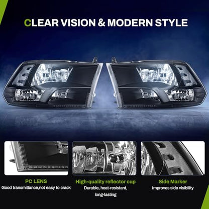 AUTOSAVER88 Headlight Assembly Compatible with 09-18 Dodge Ram 1500 Black - color: Black Housing Clear Reflector