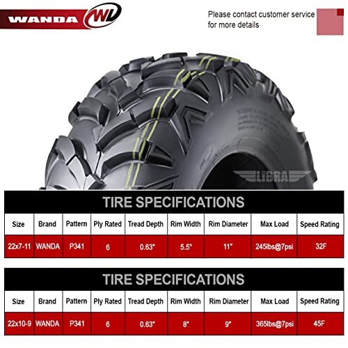 WANDA ATV Tire Set 22x7-11 & 22x10-9 6PR for Honda Recon250 Suzuki Ozark250 - size: 22X7-11&22X10-9