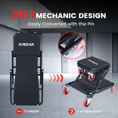KROAK Creeper, 40 Inches 2 in 1 Z Creeper Seat 330 lbs Capacity Garage Chair Adjustable Rolling Folding Car Creeper with 6 pcs Wheels,Lay Down or Sit for Garage, Shop, Auto Repair Black - size: 40" 2 in 1