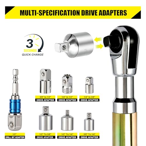 Wayona 1/2" Offset Extension Wrench Set, Impact Ratchet Extender Wrench for Electric with 6PCS Square Drive Adapters & Sockets (1/4" 3/8" 1/2"), Offset Torque Wrench for Tight Spaces - color: Golden