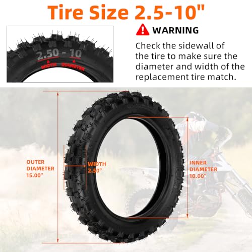 (2 Set) 2.5-10" Off-Road Tire and Inner Tube Set - Dirt Bike Tire with 10-Inch Rim and 2.5/2.75-10 Dirt Bike Inner Tube Heavy Duty Compatible with Honda CRF50/XR50, Suzuki DRZ70/JR50 and Yamaha PW50