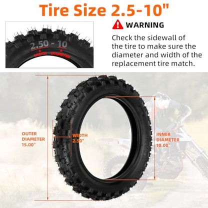 (2 Set) 2.5-10" Off-Road Tire and Inner Tube Set - Dirt Bike Tire with 10-Inch Rim and 2.5/2.75-10 Dirt Bike Inner Tube Heavy Duty Compatible with Honda CRF50/XR50, Suzuki DRZ70/JR50 and Yamaha PW50