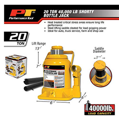 Performance Tool W1644 20 Ton Heavy Duty Shorty Hydraulic Bottle Jack - size: 20-Ton - Shorty