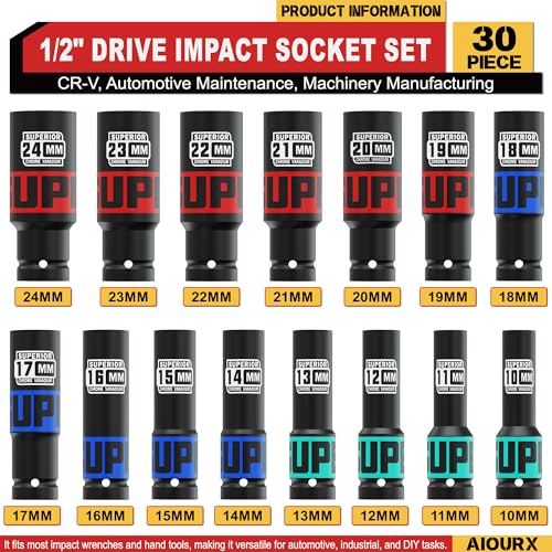 30 Piece 1/2" Drive Impact Socket Set, SAE (5/16"- 1") and Metric (10mm-24mm) Deep Socket, Including Impact Extension Bar 3 ", 5", 10", CR-V, Automotive Maintenance, Machinery Manufacturing - size: 1/2" Metric & SAE
