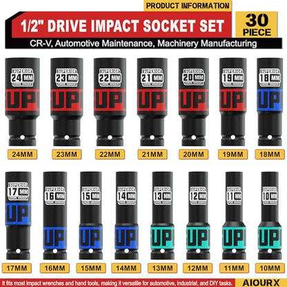 30 Piece 1/2" Drive Impact Socket Set, SAE (5/16"- 1") and Metric (10mm-24mm) Deep Socket, Including Impact Extension Bar 3 ", 5", 10", CR-V, Automotive Maintenance, Machinery Manufacturing - size: 1/2" Metric & SAE
