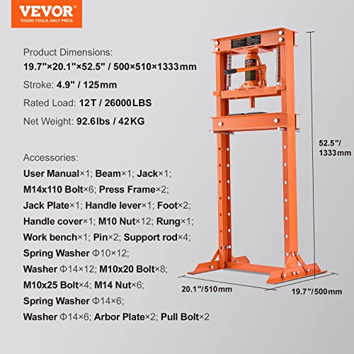 VEVOR Hydraulic 12 Ton H-Frame Garage Floor Adjustable Shop Press