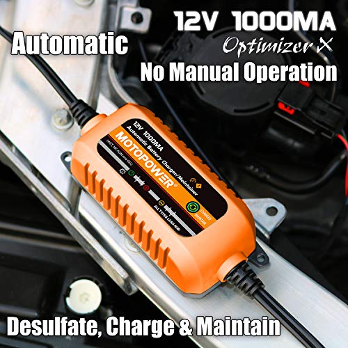 MOTOPOWER 12V 1000mA Automatic Charger - Battery Maintenance - Maintain Charger and Battery Desulfator with Timer Protection. - color: Orange
