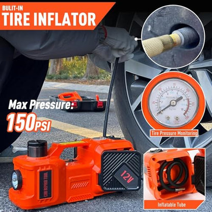 Electric Car Jack Kit 5 Ton 12V Hydraulic Floor Jack with Impact Wrench and Inflatable Pump for SUV Car Emergency Repair Tire Change Kit with LED Light - color: Orange With Wrench