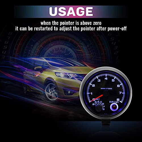 Tachometer Gauge,3.75'' Car Universal Black Tachometer Gauge Blue Inter Shift Light 0-8000 RPM
