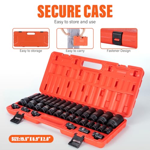 1/2" Drive Impact Socket Set, 35 PCS Shallow (8mm-32mm) & Deep (10mm-32mm) - size: 1/2" Deep&Standard 35pc
