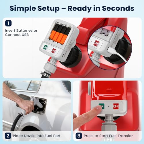 HCALORY Fuel Transfer Pump with Manual Hand Trigger Nozzle, 3.2 Gallon per Min Safe & Portable Gas Can Pump, USB-C & AA Battery Powered, Rubber 51" Hose & 4 Adapters for Gasoline, Diesel, Oil,Kerosene