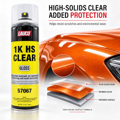 LAUCO 1K HS Gloss Clear 13 oz. Automotive Aerosol Spray Paint Can - Acrylic Clear Coat Perfect for Protecting Refinish Color on Small Accessories (1) 57067