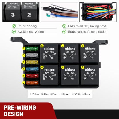 Nilight 12V Fuse Relay Box 6 Relays 4pin 40A 6 Fuses Pre-Wired Block Kit - color: Pre-Wired Box 6 Relay 6 Fuse