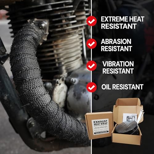 Exhaust Heat Wrap Roll for Motorcycle, 2 Inch x 50 Ft, Black Fiberglass Heat Shield Tape with Stainless Ties