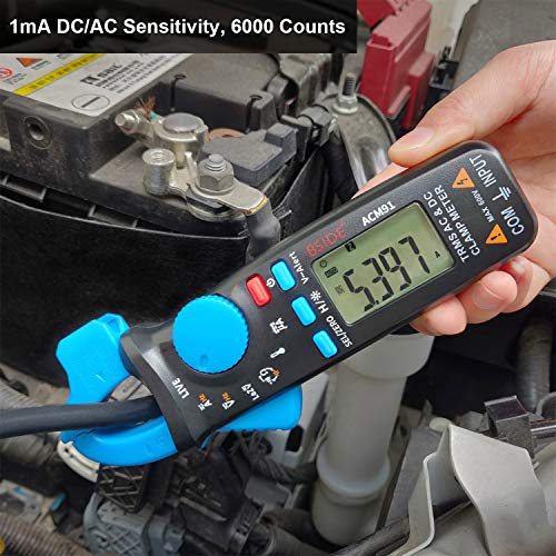 Bside ACM91 1mA Clamp Meter DC/AC Current True RMS Auto-Ranging 6000 Counts Multimeter Live Check V-Alert Temperature Capacitance Frequency Tester with Back Clip - color: Blue